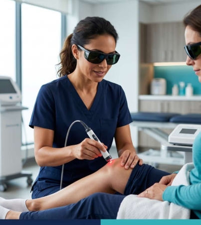Profissional demonstrando aplicação de laserterapia com proteção ocular